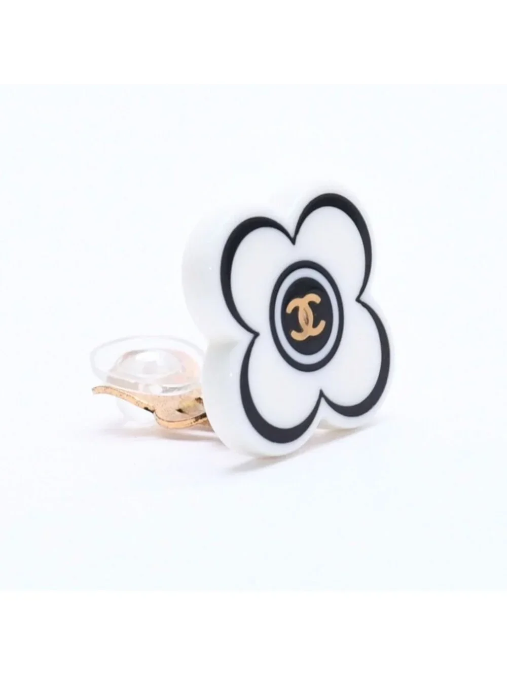 Chanel CC Logo Earrings 02 Flower Motif Camellia White Black Resin